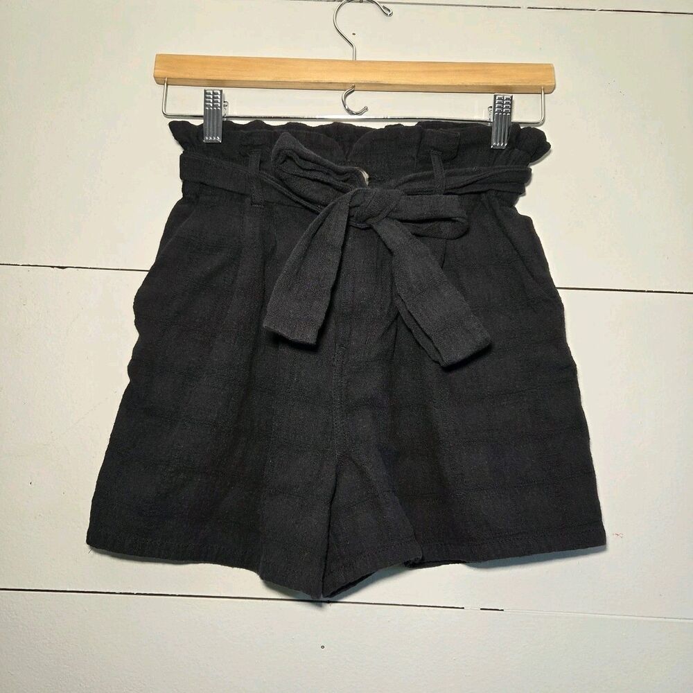Good Luck Gem Women's Black Paperbag High Rise Belted Tie Waist Shorts XS